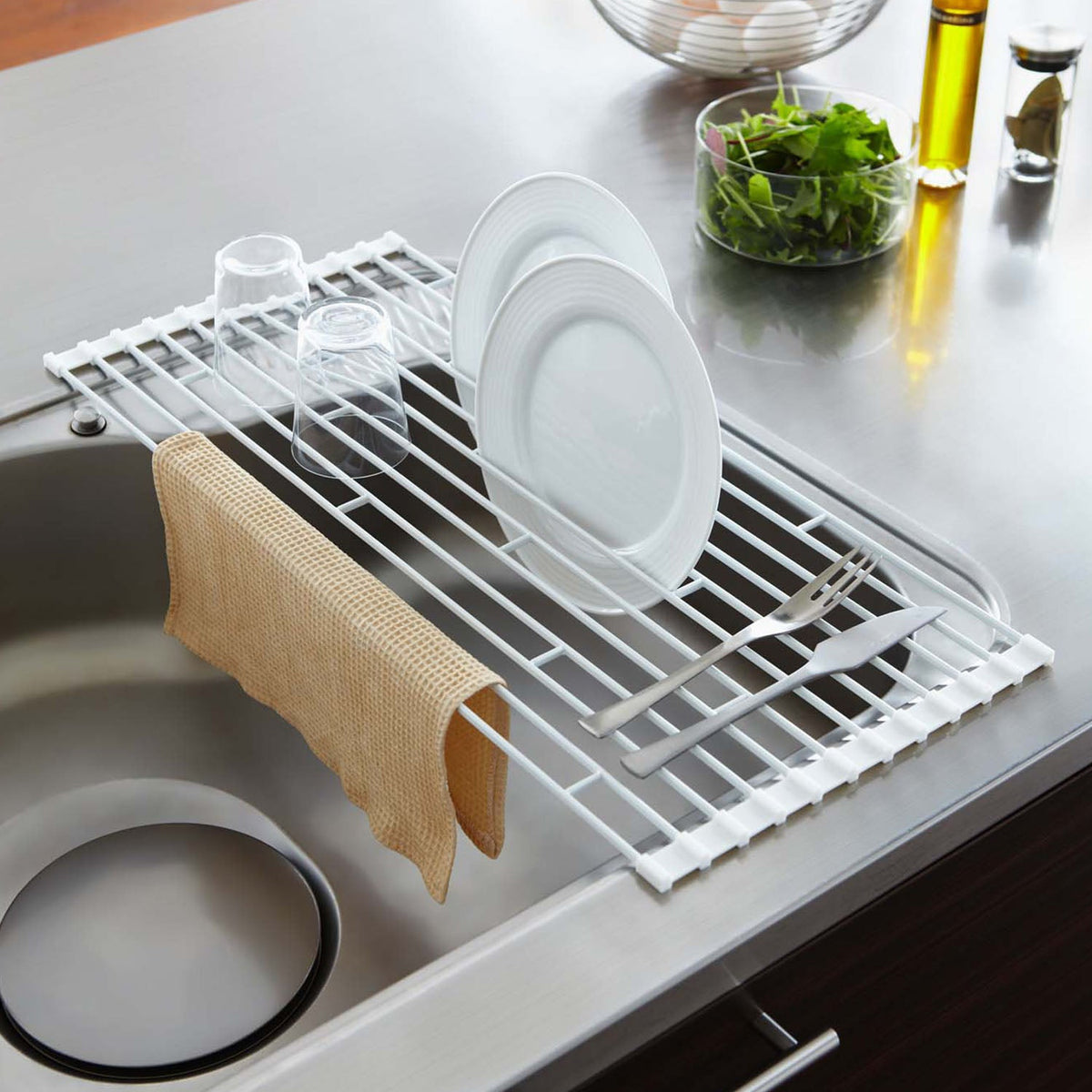 Yamazaki Tower Roll-Up Over-Sink Dish Drying Rack, S, Roll-Up Steel Rack that Spans a Sink to Dry Dishes and Rolls Up Small, Holds 4 kg, 26 x 42 x 0.8 cm and 610 g, White or Black