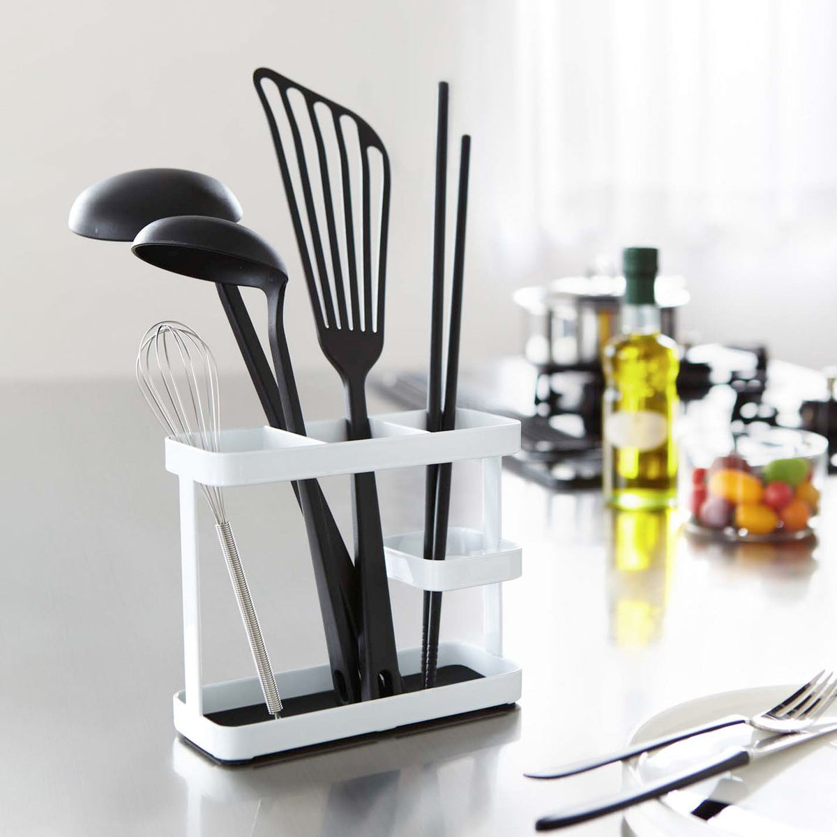 Yamazaki Tower Wide Kitchen Tool Stand, Slim Wide Steel Stand with Two-Level Dividers for Ladles, Spatulas and Short Kitchen Tools, 17 x 6.7 x 14.5 cm and 460 g, White