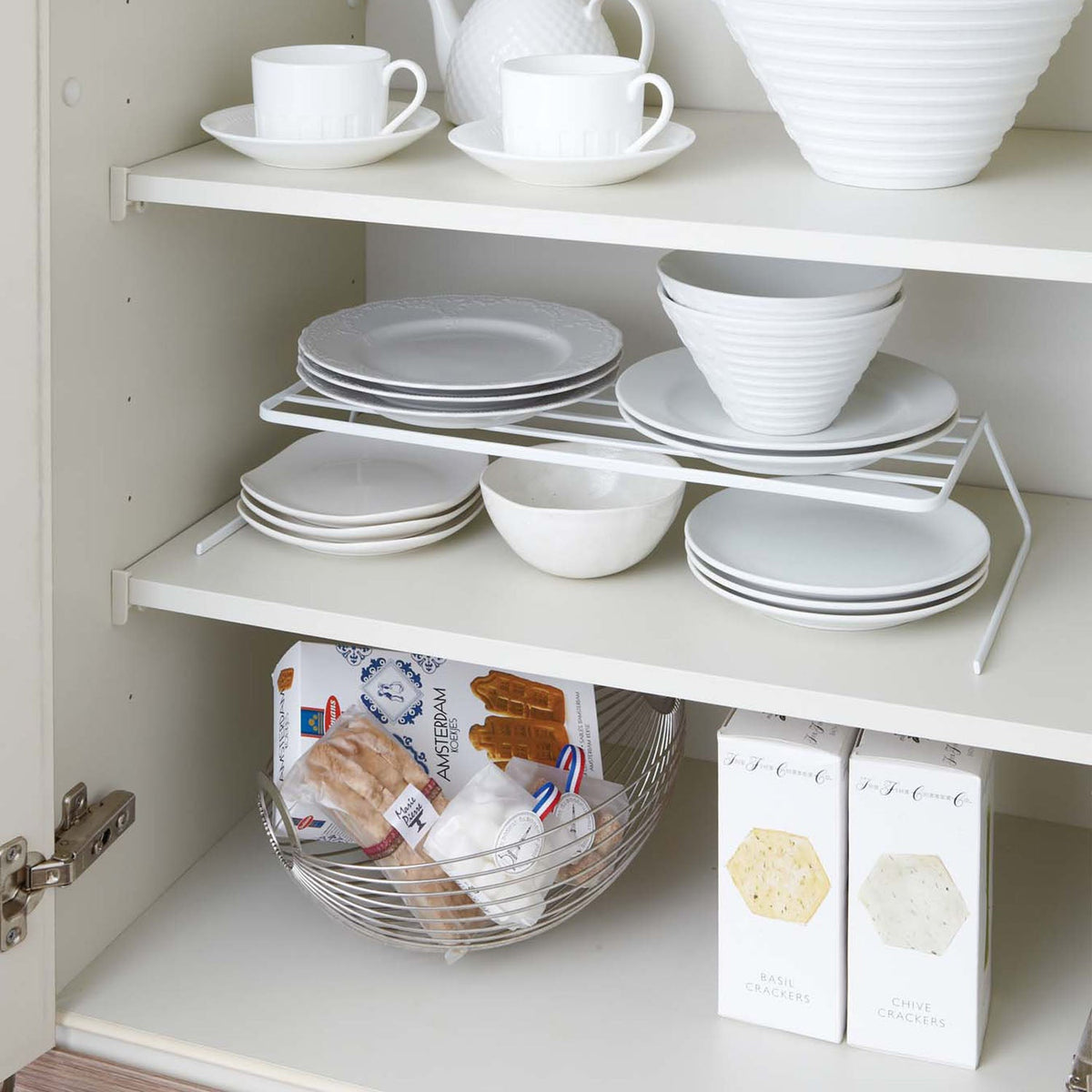 Yamazaki Tower Wide Dish Storage Stand, Wide 45 cm Two-Tier Steel Stand That Splits Plates of 15 to 26 cm Into Two Levels, Holds 6 to 12 Per Tier, Also Hangs a Wrap Box, Holds 2 kg, 45 x 19.5 x 8.5 cm and 460 g, White or Black