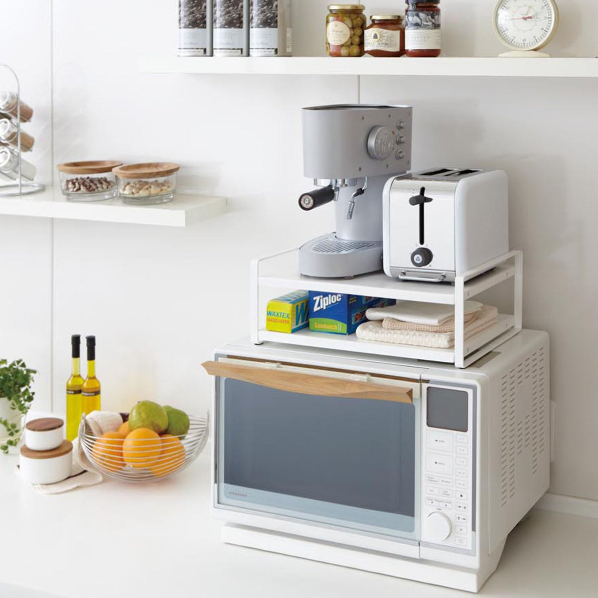 Yamazaki Tower Two-Level Rack for Over a Microwave, Two-Level Steel Rack that Sits Over a Microwave for Small Appliances and Wrap, Holds 3 kg per Shelf, 40 x 30 x 15 cm and 2500 g, White or Black