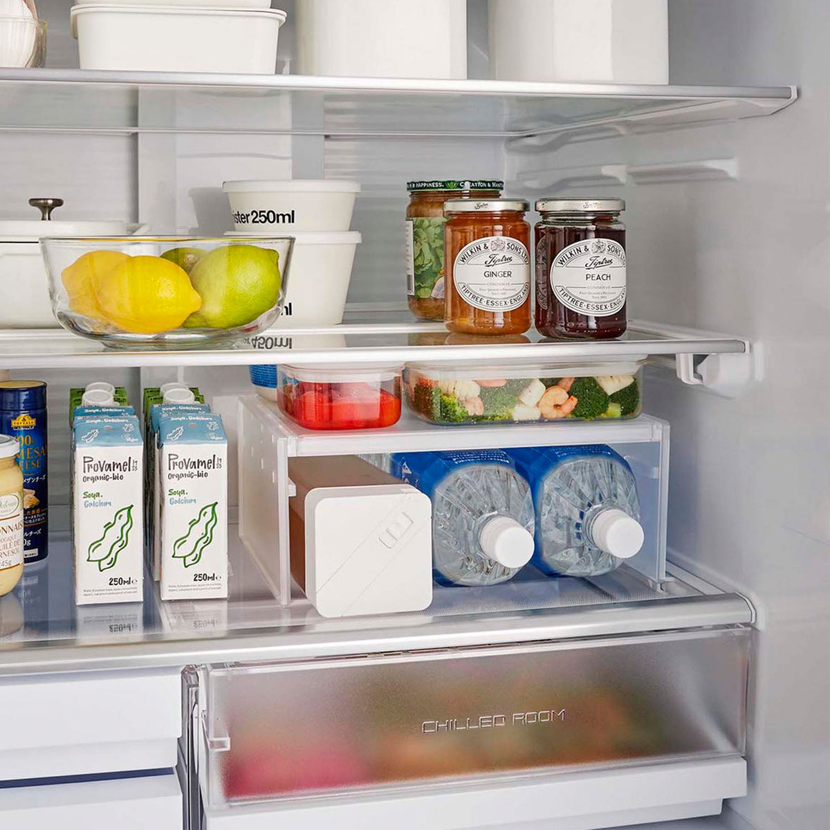 Yamazaki Tower Expandable Fridge Shelf Rack, Width and Height Adjustable Shelf Rack for a Fridge that Fits a 2 L Bottle Beneath, 30 to 45.5 x 20 x 12.6 cm and 500 g, White or Black