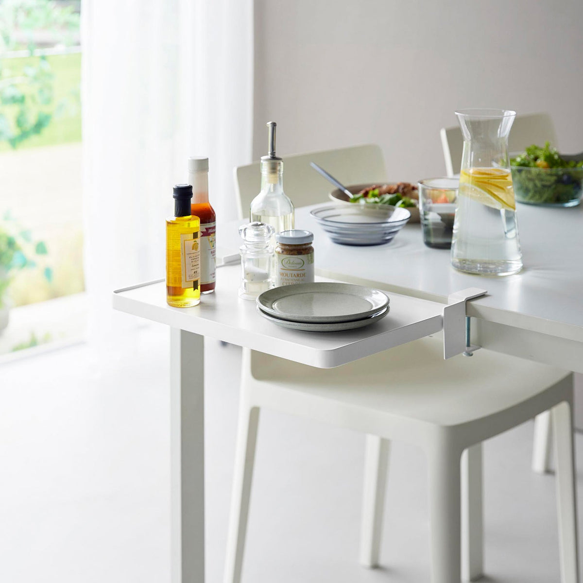 Yamazaki Tower Clamp-On Folding Shelf for Tables, Clamp-On Steel Shelf that Folds Flat Beside a Table and Holds 3 kg, In use 38.3 x 29.6 x 6.8 cm; folded 38.3 x 9 x 25 cm and 1335 g, White or Black