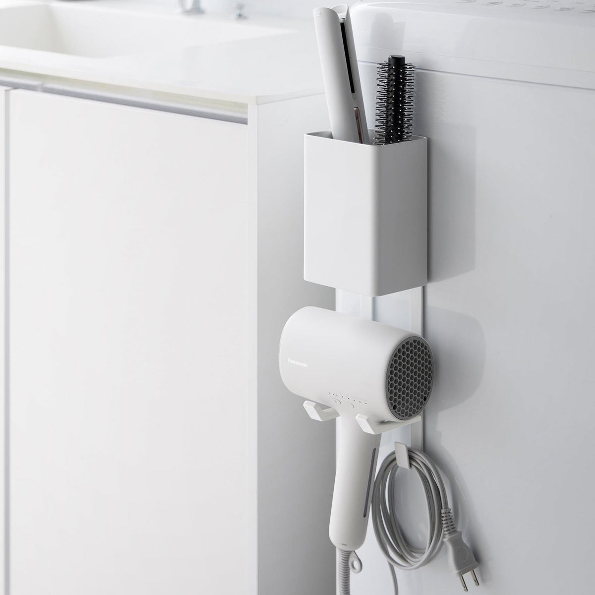 Yamazaki Tower Magnet Hair Dryer and Hair Iron Holder, Wall Holder for a Hair Dryer and a Hair Iron, Sticks to Steel, 10.1 x 8.3 x 31.6 cm and 680 g, White or Black