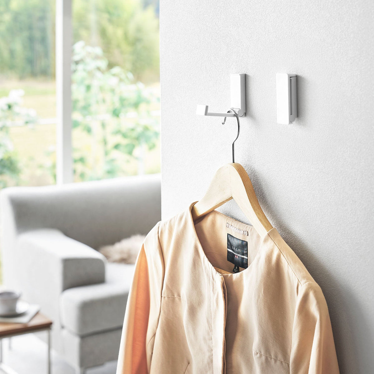 Yamazaki Tower Wall Folding Hook Set of 2, Set of Two Wall-Fixed Folding Hooks that Fold Flat When Not in Use, with Plasterboard Pins and Wood Screws, 2.5 x 1.5 x 6.7 cm folded; 2.5 x 6.8 x 6.2 cm open and 20 g, White or Black