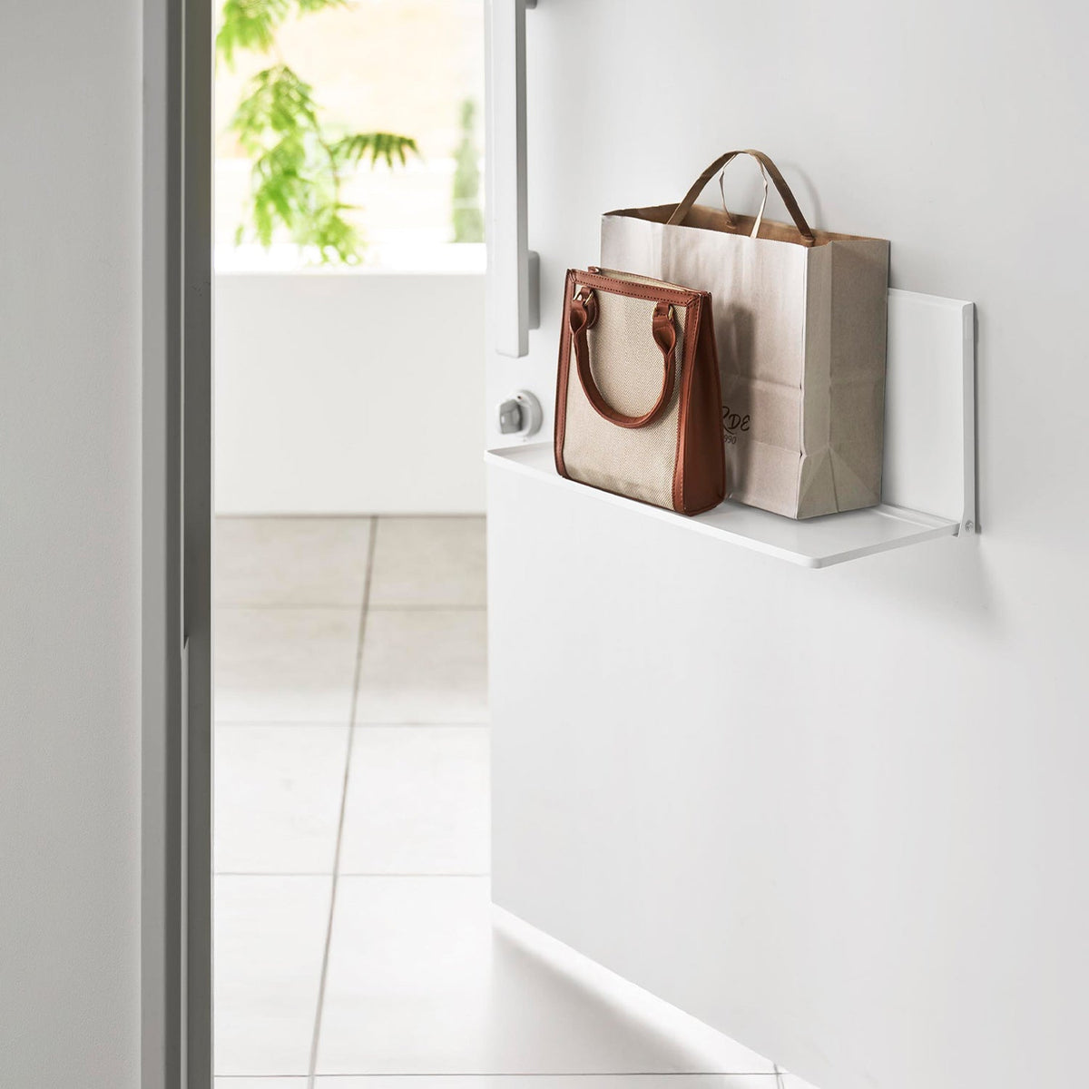 Yamazaki Tower Magnet Entrance Folding Shelf, Magnet Shelf for Steel Entrance Doors That Folds Flat, 43.6 x 22.1 x 21.3 cm in use; 43.6 x 2.8 x 22.2 cm folded and 2150 g, White or Black