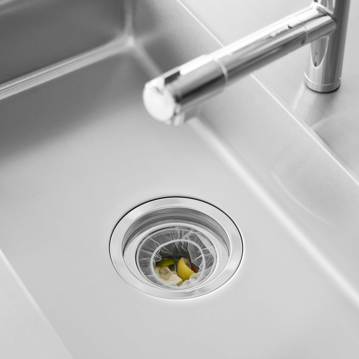 Yamazaki Tower Drain Net Holder for Kitchen Sinks, Stainless Steel Ring that Holds a Drain Net from Above in a 14.5 cm Sink Drain, 14.4 x 14.4 x 1.4 cm and 105 g, Silver