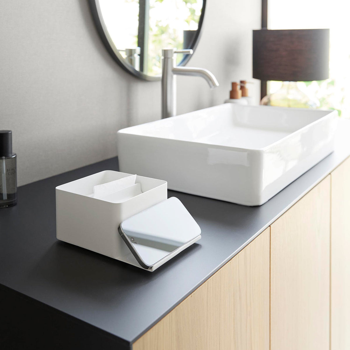 Yamazaki Tower Half Tissue Case with Smartphone Stand, Steel Case for Half-Size Tissue Boxes with a Smartphone Stand Tray, 13.1 x 18.9 x 8.3 cm and 770 g, White or Black