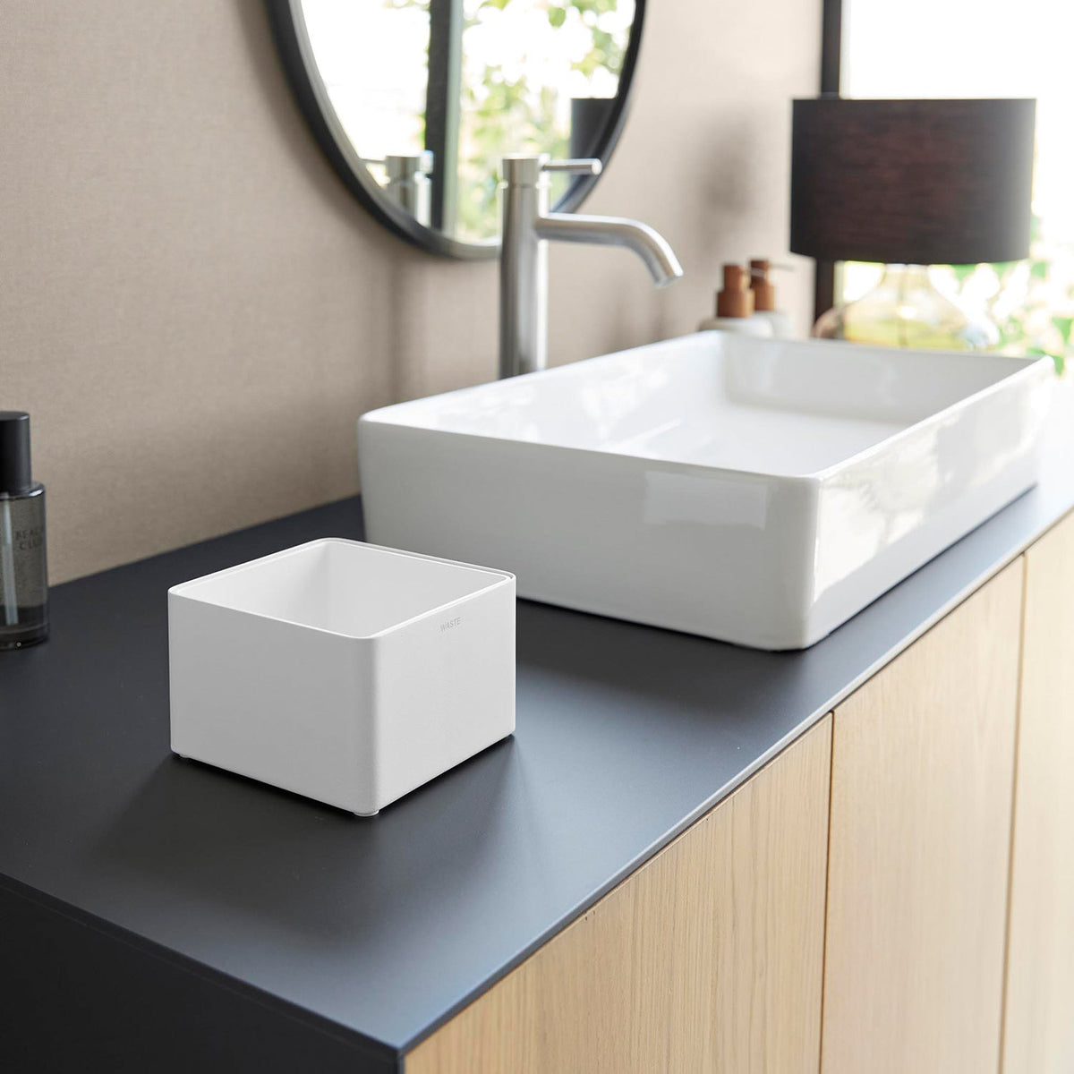 Yamazaki Tower Washroom Trash Can with Removable Inner Box, Small Steel Washroom Bin with a Washable 700 ml Inner Box, Body 13 x 13 x 8.3 cm; inner box 12.6 x 12.6 x 7.7 cm and 550 g, White or Black