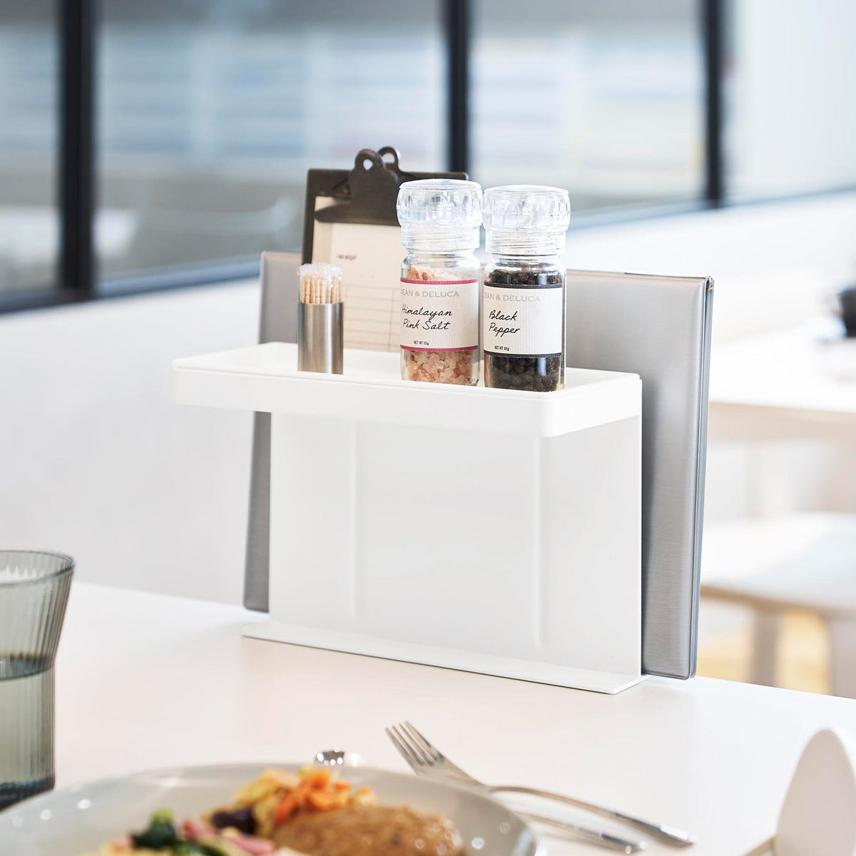Yamazaki Tower Table-Side Menu and Seasoning Stand, Clamp-On Table-Side Stand for Seasonings and Menus with a Removable Tray, 26.2 x 14 x 23.7 cm and 2400 g, White or Black