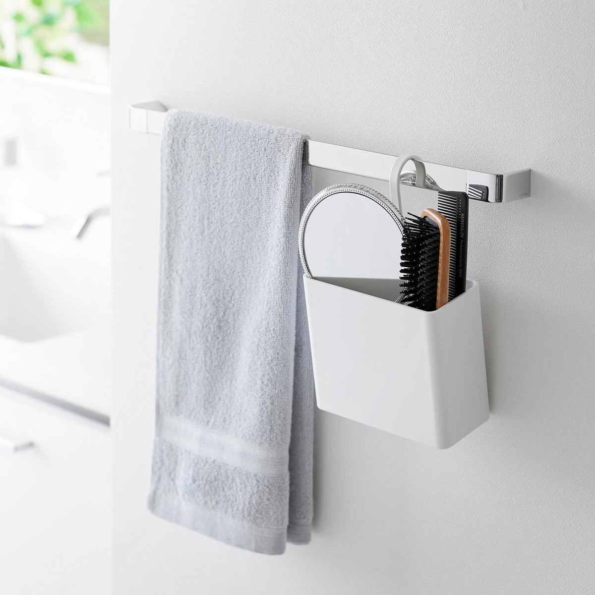 Yamazaki Tower Hang-On Storage Case L, Open-Front Case that Hooks Over a Pole or Bar up to 3.4 cm Across, Hook Turns to Suit the Place, Size L, 15.2 x 9.6 x 20.5 cm and 305 g, White or Black