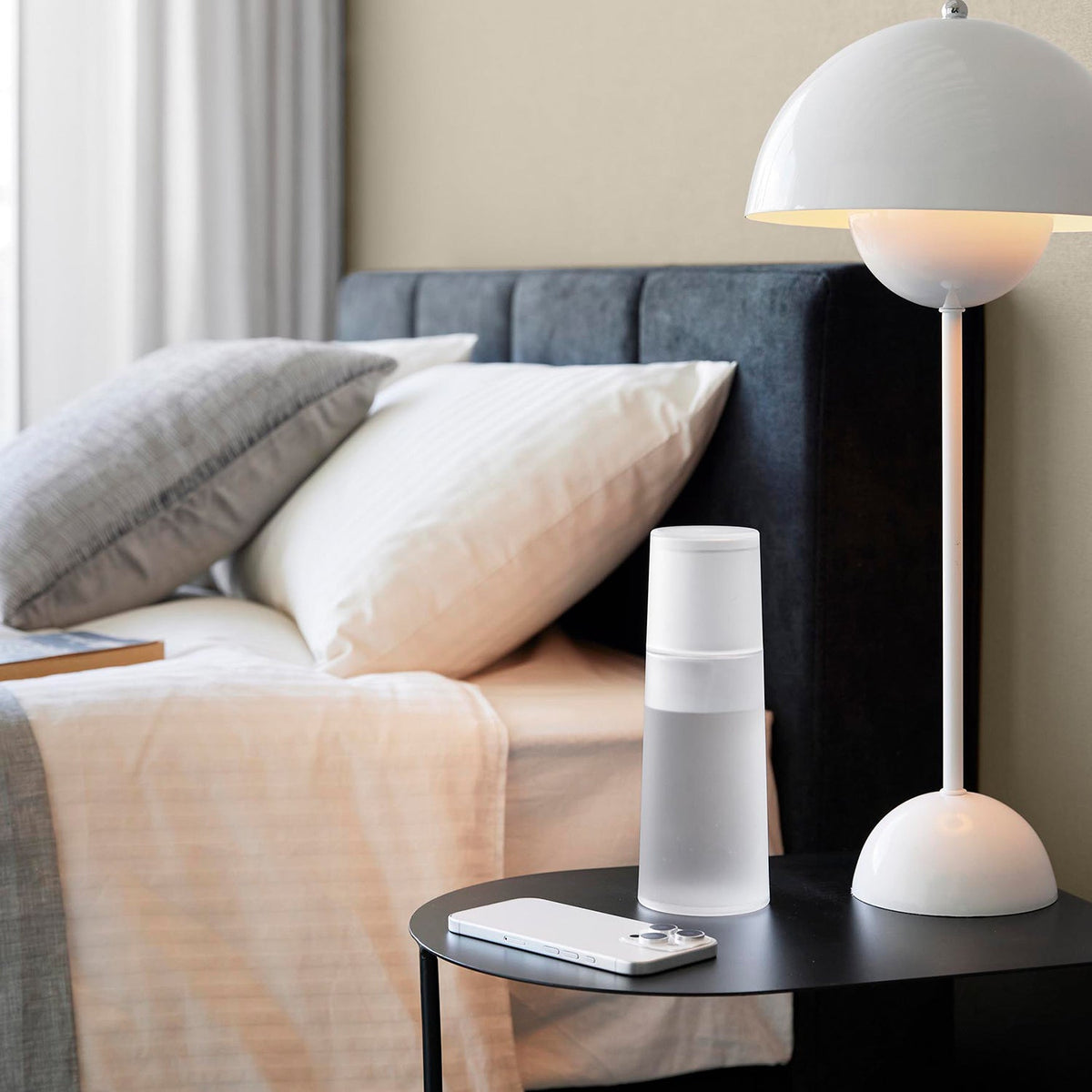 Yamazaki Tower Bedside Carafe with Cup Lid, Shatter-Resistant 620 ml Carafe with a Lid that Doubles as a 180 ml Cup, 7.7 x 7.7 x 21.9 cm and 220 g, White or Black