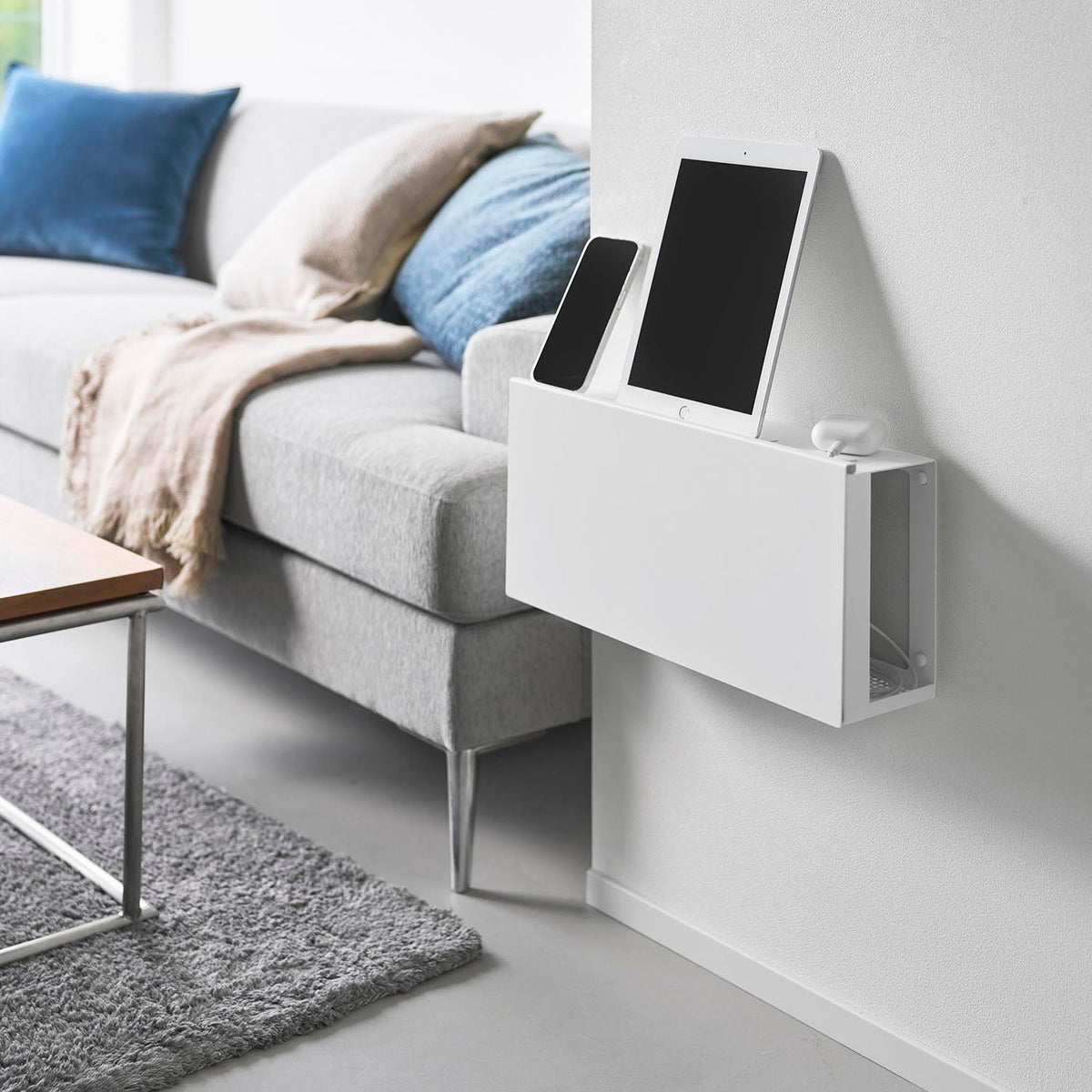 Yamazaki Tower Wall-Mounted Cable Rack That Hides the Outlet, Wall Box That Hides a Router, Power Strip and Cables with a Charging Top Plate, 40 x 10.2 x 19.4 cm and 1890 g, White or Black