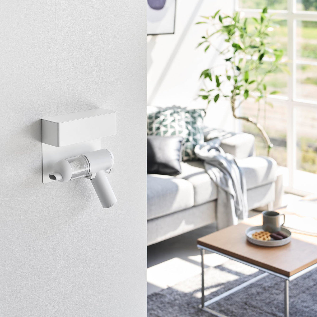 Yamazaki Tower Wall-Mounted Mini Vacuum Holder, Wall Holder for a Handheld Mini Vacuum with an Accessory Box, 19.1 x 7.2 x 16.7 cm and 770 g, White or Black