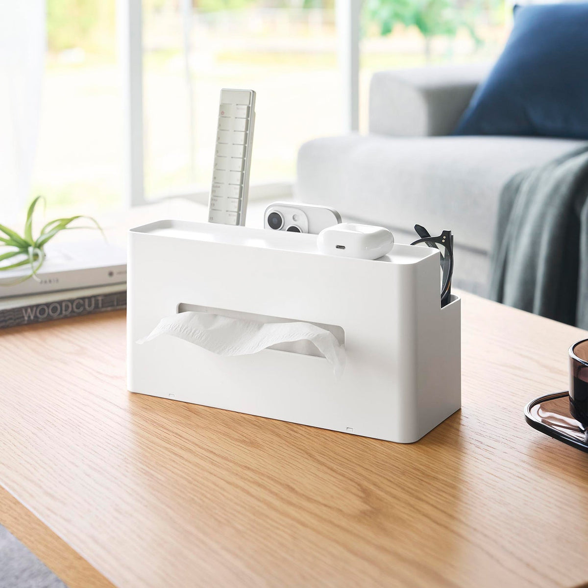 Yamazaki Tower Tissue Case and Remote Control Stand, Tissue Case with Back Compartments for Remotes, Glasses and Phones, 26 x 10.5 x 13 cm and 390 g, White or Black