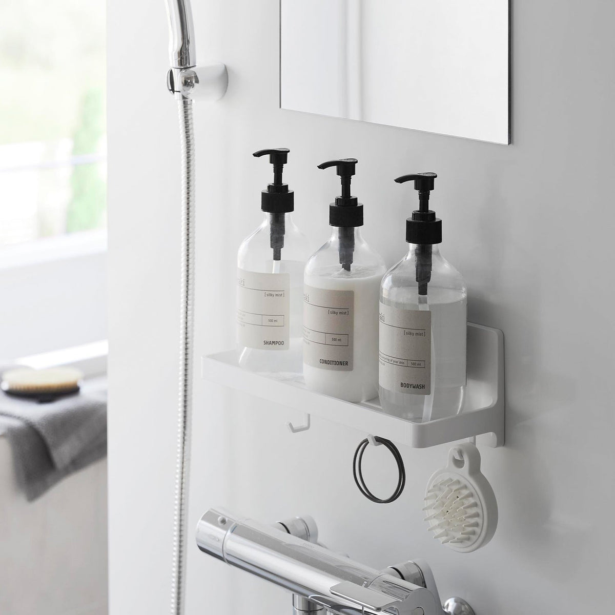 Yamazaki Tower Magnet Bathroom Tray W30, Wall Tray with 3 Hooks for Shampoo Bottles, Sticks to Steel, 30 x 10.1 x 10 cm and 750 g, White or Black