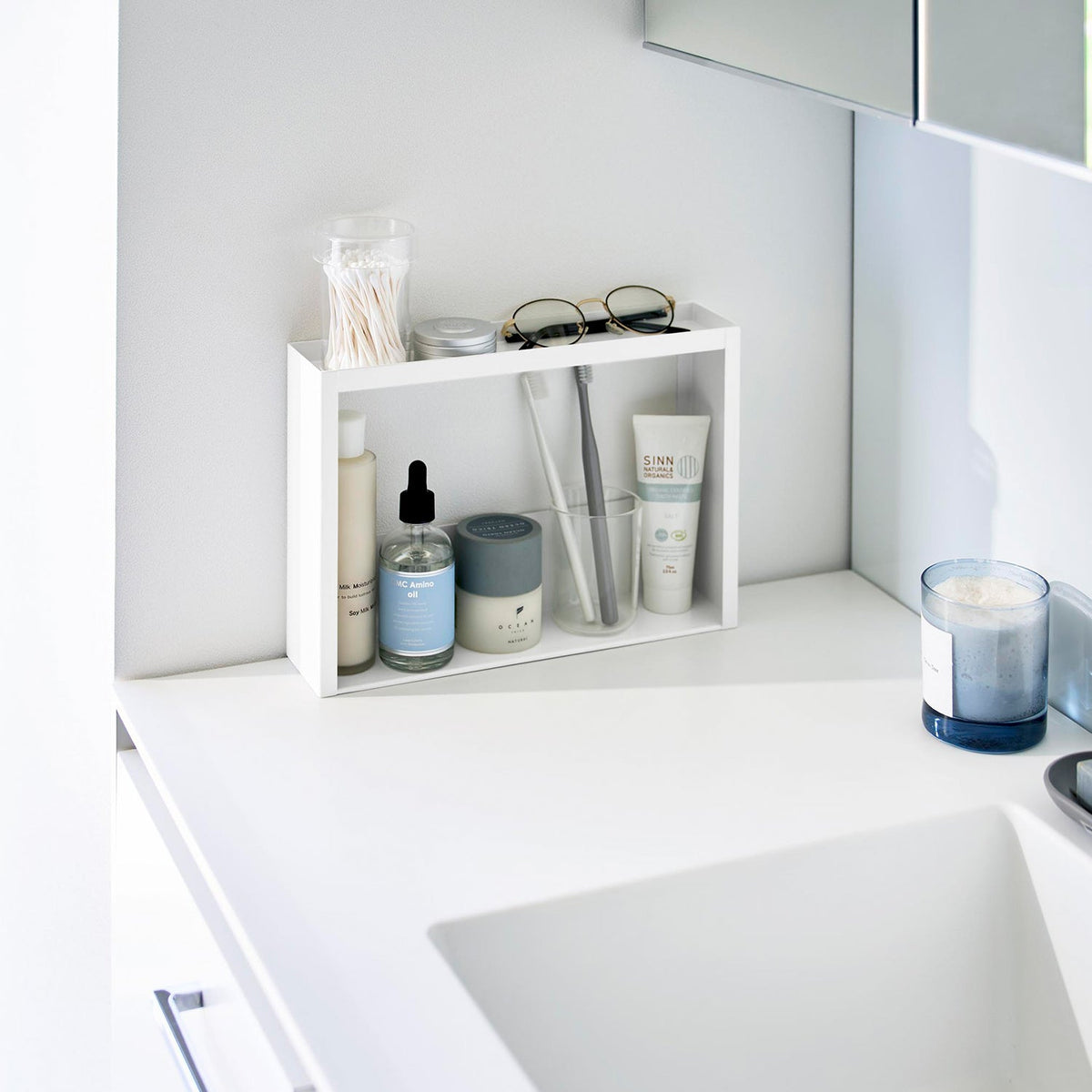 Yamazaki Tower Washroom Side Storage Rack 2-Tier, Slim Open Steel Rack for Cosmetics and Toothbrushes Beside a Basin, 30.2 x 7.2 x 21.1 cm and 940 g, White or Black
