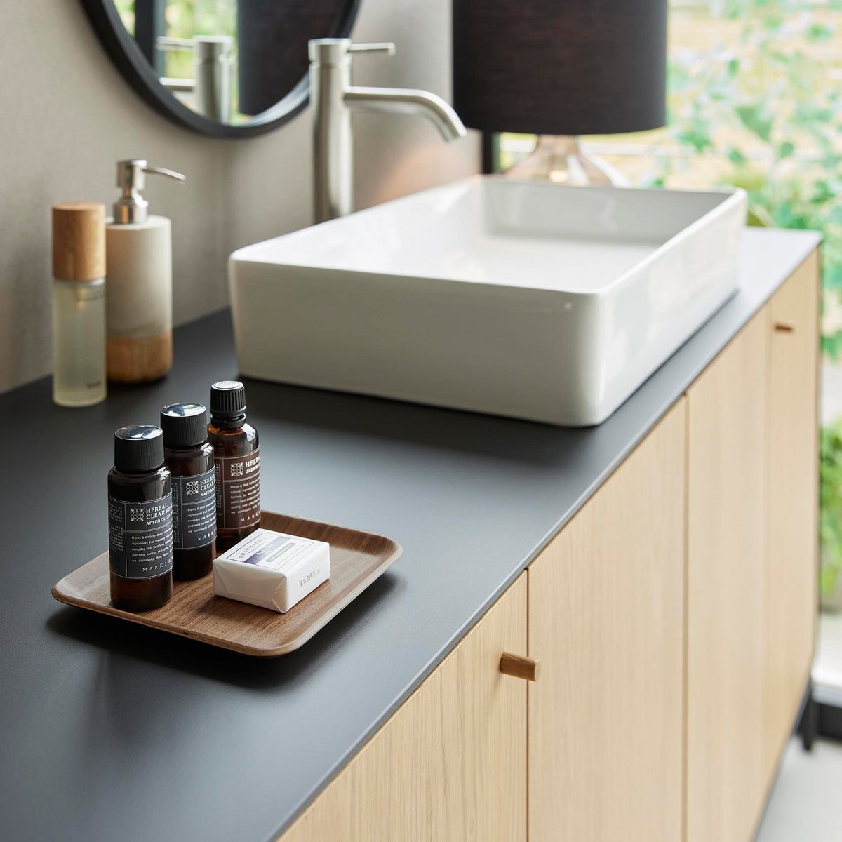 Yamazaki Rin Amenity Tray Square, Natural Wood Tray for Toiletries and Small Items, 15.8 x 15.8 x 1.4 cm and 75 g, Brown or Natural