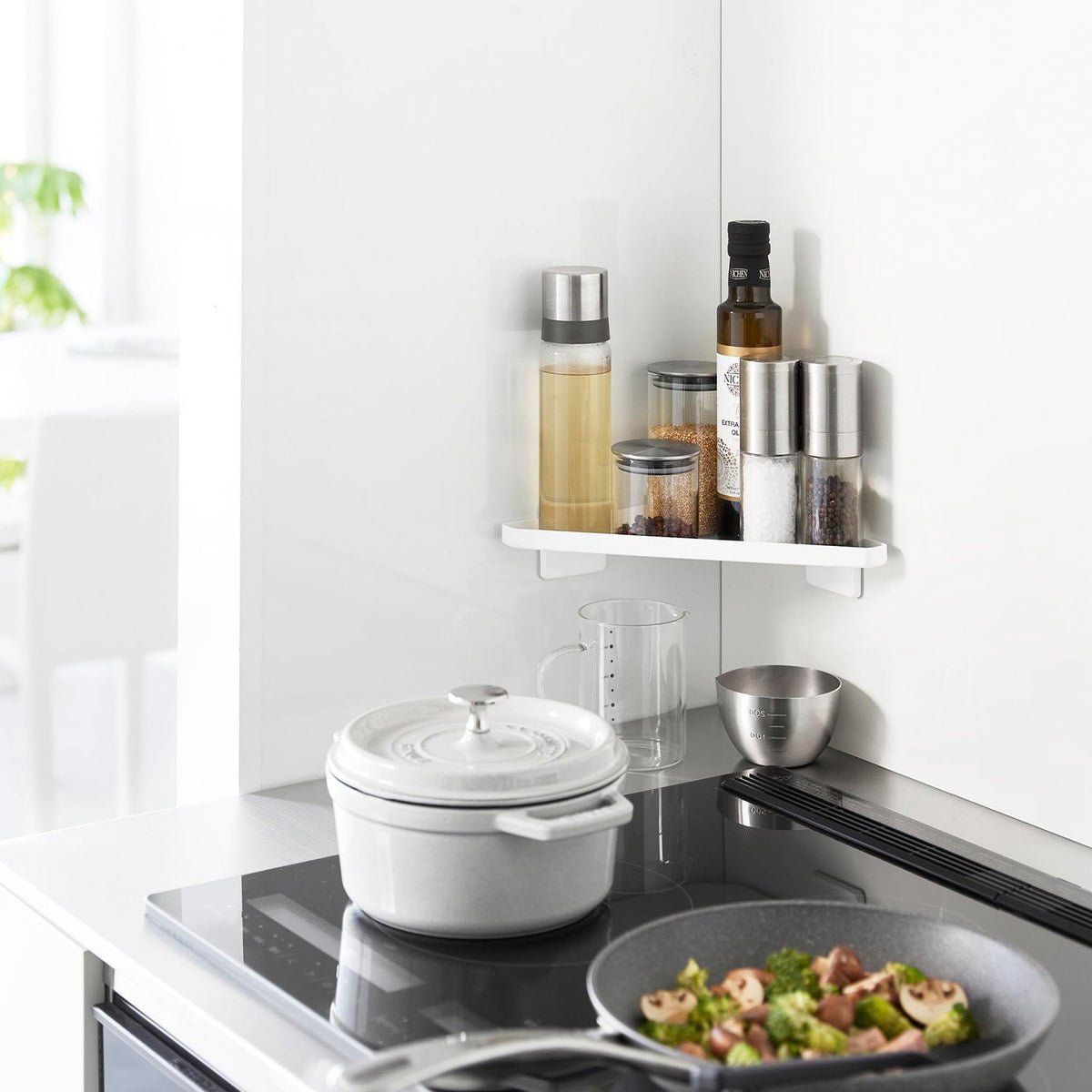 Yamazaki Tower Film Hook Kitchen Corner Tray, Film-Hook Steel Corner Tray for the Kitchen, No Drilling, 28.6 x 14.2 x 5.8 cm and 390 g, White or Black