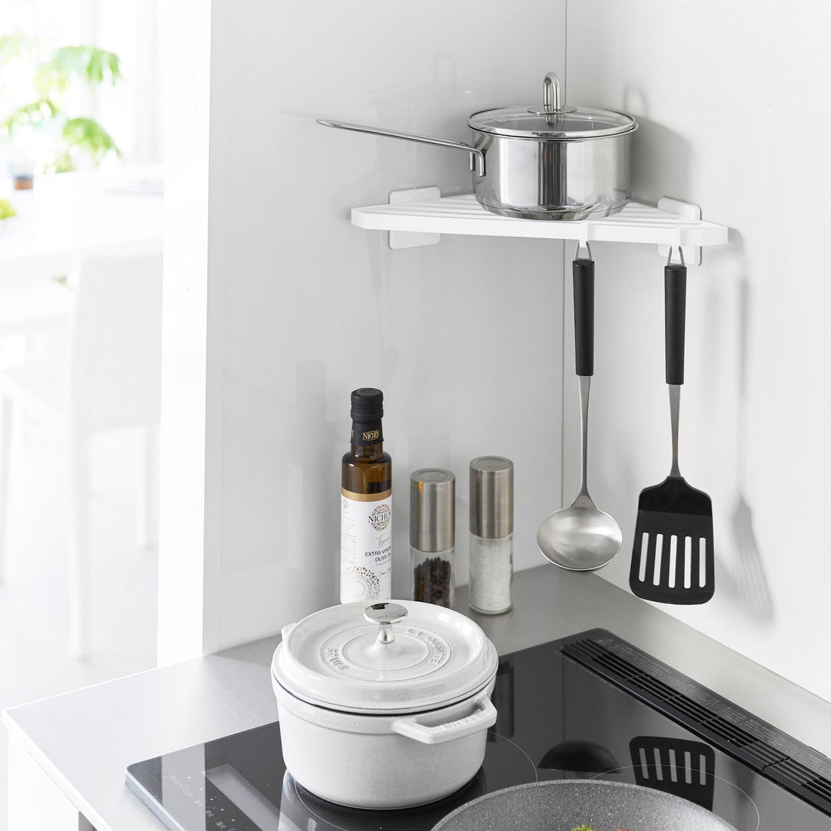 Yamazaki Tower Film Hook Kitchen Corner Rack, Film-Hook Wire Corner Rack with 2 Hooks for the Kitchen, No Drilling, 37.2 x 19.1 x 5.8 cm and 480 g, White or Black
