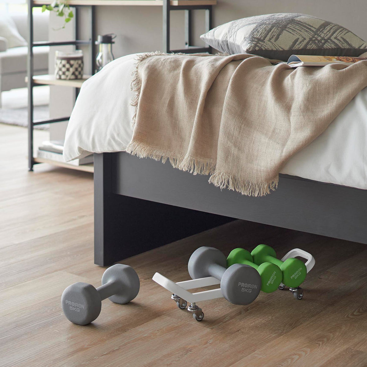 Yamazaki Tower Dumbbell Rack with Casters, Slim Steel Rack on Casters that Slides Dumbbells Under a Bed or Sofa, Holds 20 kg, 45.4 x 11.5 x 11.5 cm and 500 g, White or Black