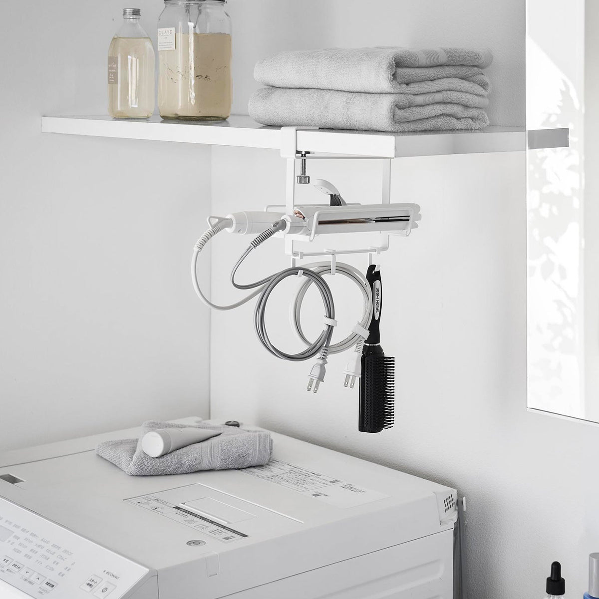 Yamazaki Tower Under-Shelf Double Hair Iron Holder, Clamp-On Under-Shelf Holder for Two Hair Irons with 3 Hooks, 11.5 x 18.6 x 17.7 cm and 465 g, White or Black