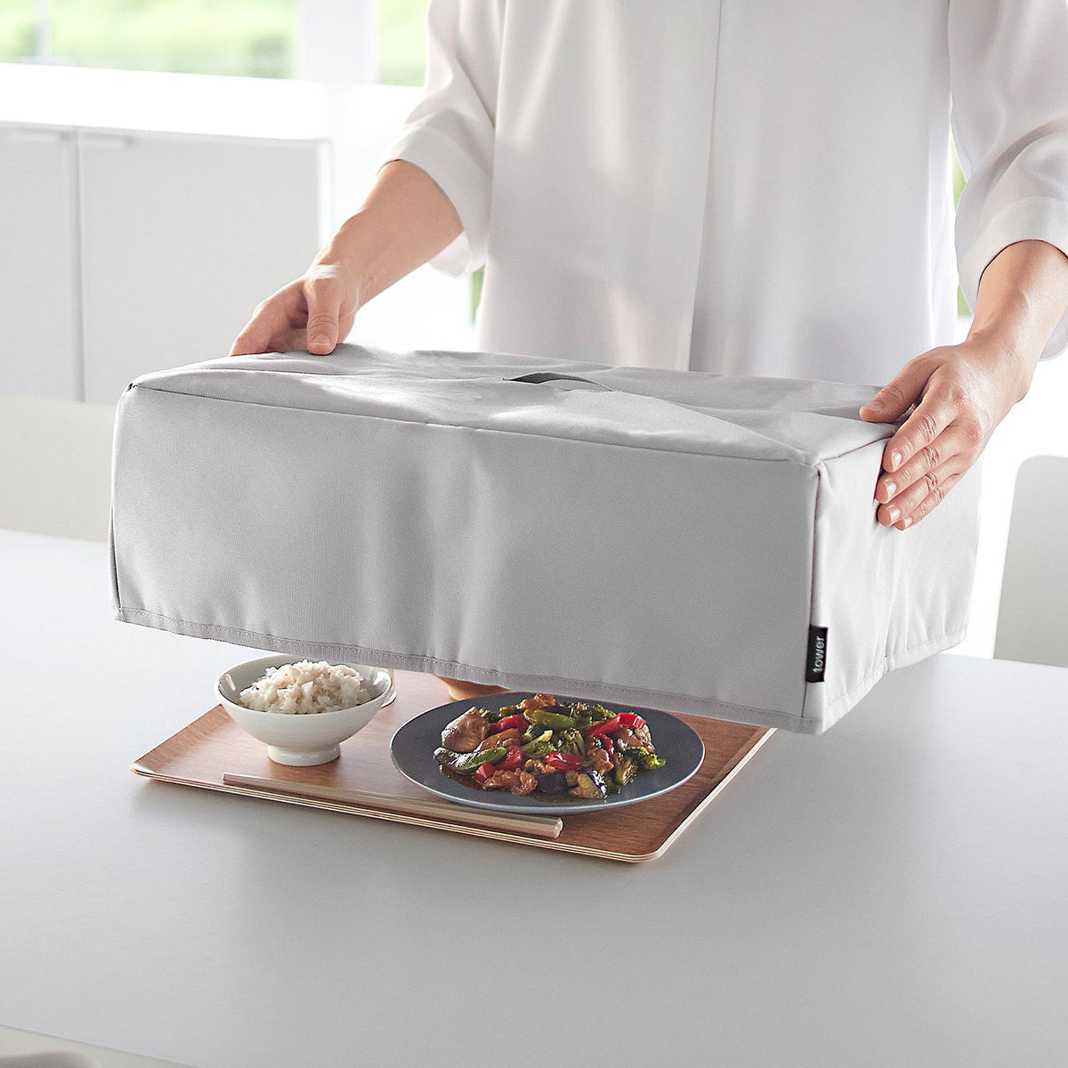 Yamazaki Tower Foldable Food Cover for Washing Machine Lids and Counters, Foldable Fabric Cover That Keeps Dishes Warm and Dust-Free, with Mesh Pockets, 48 x 36.5 x 15.5 cm in use; 23 x 9 x 33.5 cm folded and 315 g, Light Gray or Black