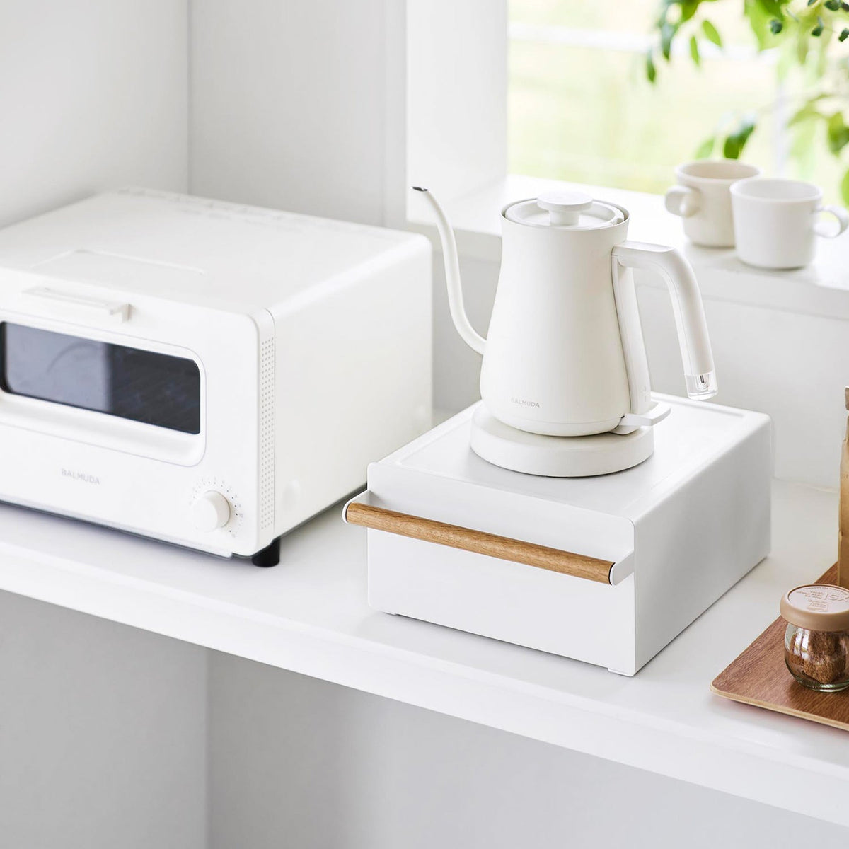 Yamazaki Tosca Under-Appliance Rack with Drawer, Rack with a Drawer that Raises an Electric Kettle or Coffee Maker and Stores Tea Things Beneath, Holds 5 kg, 22.2 x 28.6 x 11.5 cm and 2800 g, White