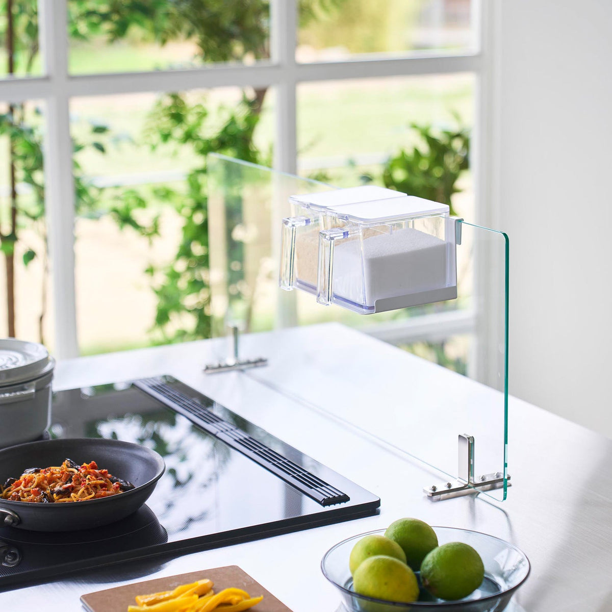 Yamazaki Tower Seasoning Rack for Glass Range Guard, Hook-On Steel Rack for Seasoning Jars that Fits a Fixed Glass Range Guard, Induction Cooktops Only, 18.5 x 13.3 x 9.1 cm and 300 g, White or Black