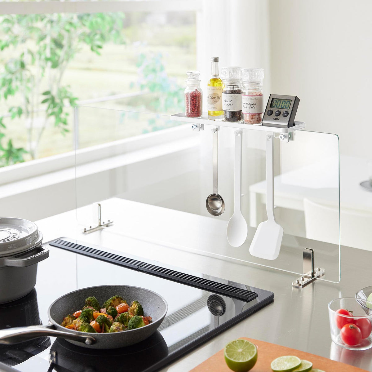 Yamazaki Tower Clamp-On Seasoning Rack W30 for Glass Range Guards, Clamp-On Tray with 3 Hooks for Seasonings Behind the Hob, 30 x 9.1 x 4.1 cm and 395 g, White or Black