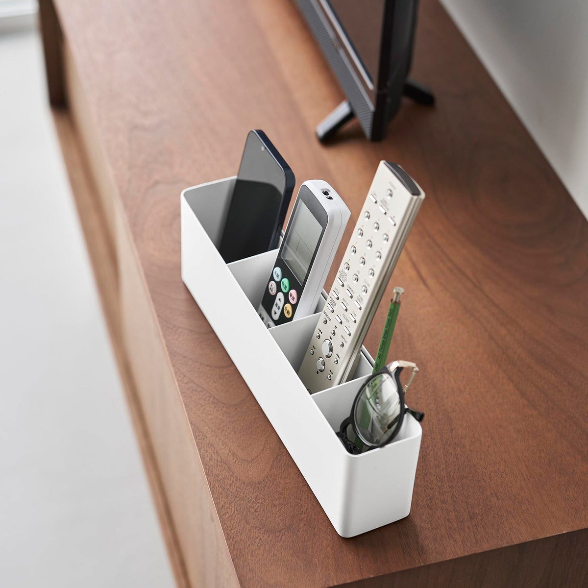 Yamazaki Smart Remote Control Stand, Long Steel Stand with 3 Magnetic Dividers for Remotes and Phones, 30.1 x 5.8 x 9.1 cm and 890 g, White or Black