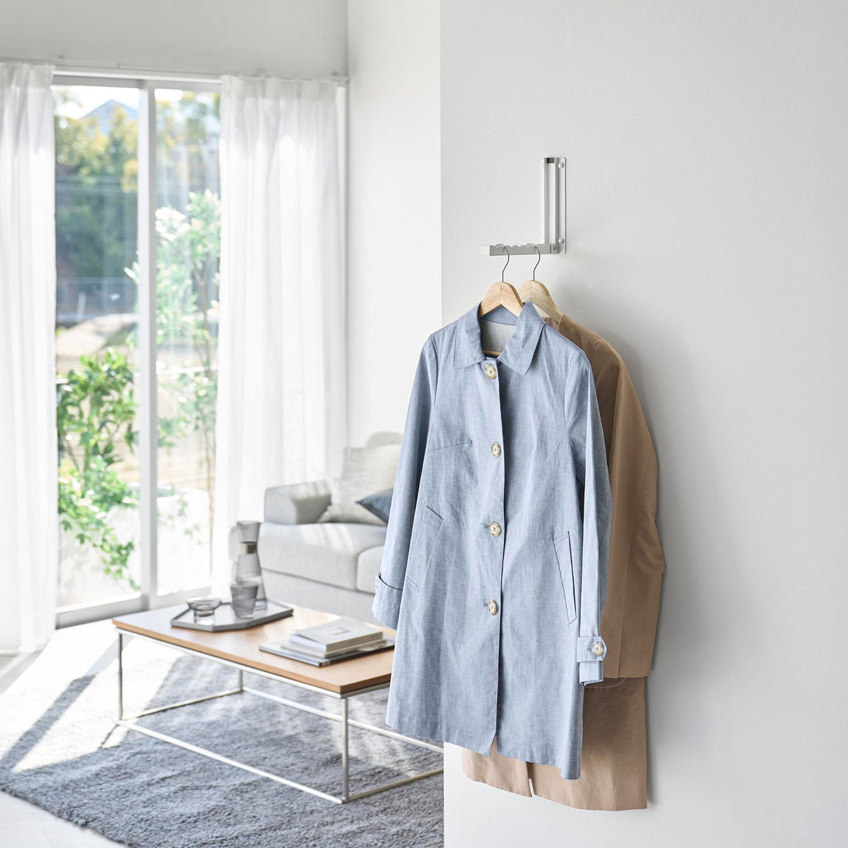 Yamazaki Tower Wall-Mounted Folding Hanger, Wall Arm That Folds Flat for Hanging Clothes, with Pins and Screws, 6.2 x 18 x 18 cm in use; 6.2 x 2.3 x 18 cm folded and 280 g, White or Black