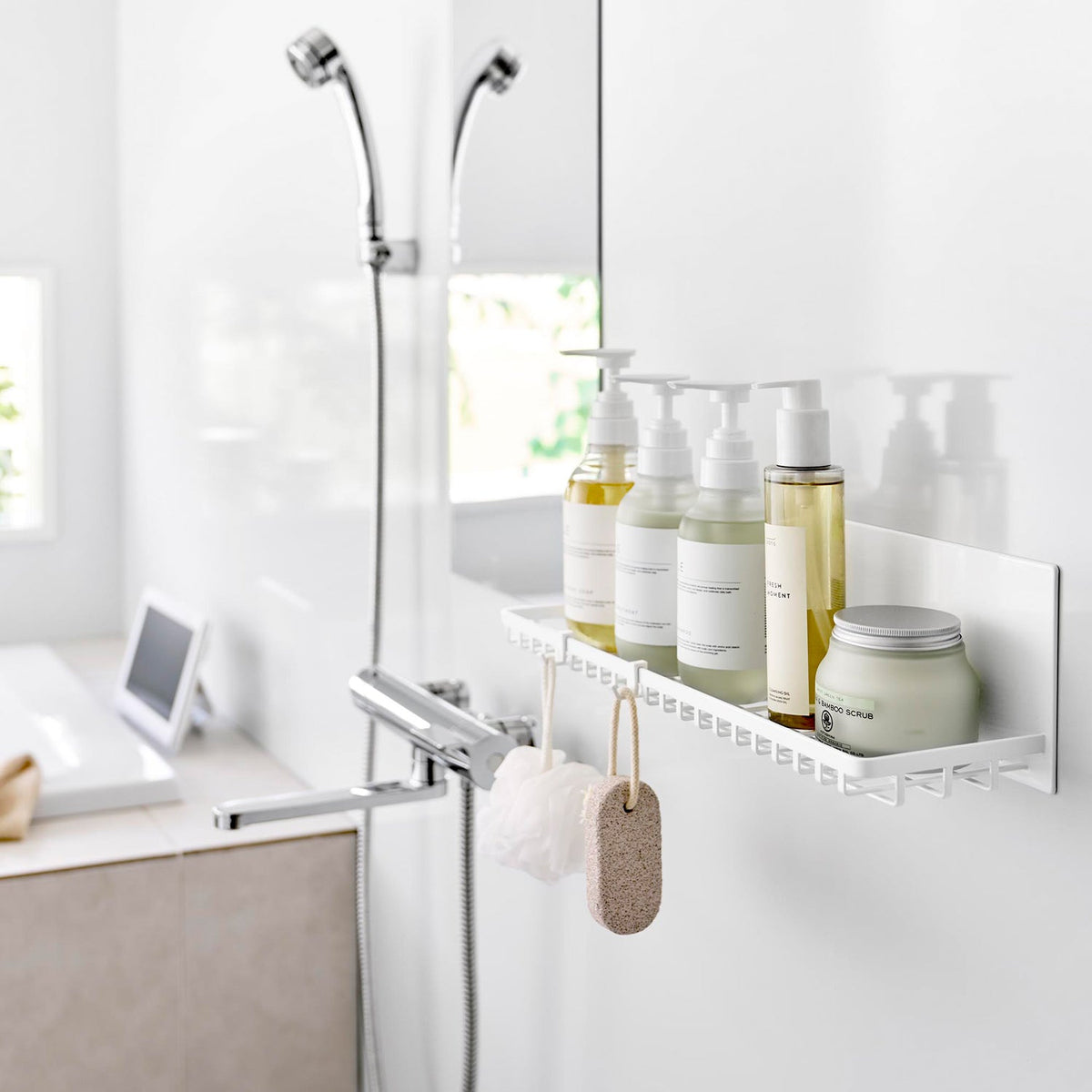 Yamazaki Tower Magnetic Wire Bathroom Tray, Large, Long Magnetic Wire Tray for Pump Bottles on a Steel Bathroom Wall, Two Hooks Included, 44.3 x 12 x 12 cm and 1200 g, White or Black