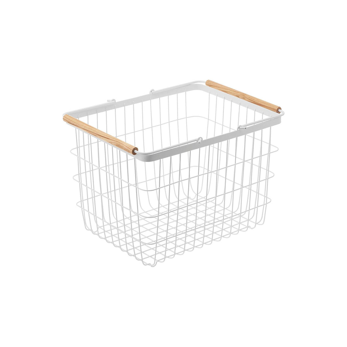 Yamazaki Tosca Laundry Basket M, 23 L White Wire Laundry Basket With Round Wooden Handles That Are Easy to Hold, Gentle White and Wood Look, Holds 3 kg, 41.5 x 31 x 27 cm and 1100 g, White