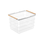 Yamazaki Tosca Laundry Basket M, 23 L White Wire Laundry Basket With Round Wooden Handles That Are Easy to Hold, Gentle White and Wood Look, Holds 3 kg, 41.5 x 31 x 27 cm and 1100 g, White
