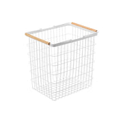 Yamazaki Tosca Laundry Basket L, 33 L White Wire Laundry Basket With Round Wooden Handles That Are Easy to Hold, Gentle White and Wood Look, Holds 4 kg, 41.5 x 31 x 38.5 cm and 1300 g, White