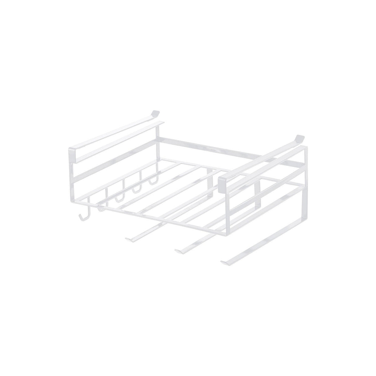Yamazaki Tower Under-Cabinet Multi-Function Rack, Rack That Hooks Onto a Hanging Cabinet and Gathers Wrap, Trays, Cloths and Kitchen Paper With Three Hangers and Five Hooks, Cabinet Shelf 1.4 to 2.5 cm Thick, 30.5 x 26 x 16 cm and 1100 g, White or Black
