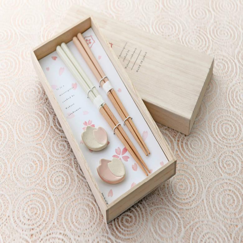 Kawai Sakura Pink Chopstick And Rest Gift Set In A Wooden Box