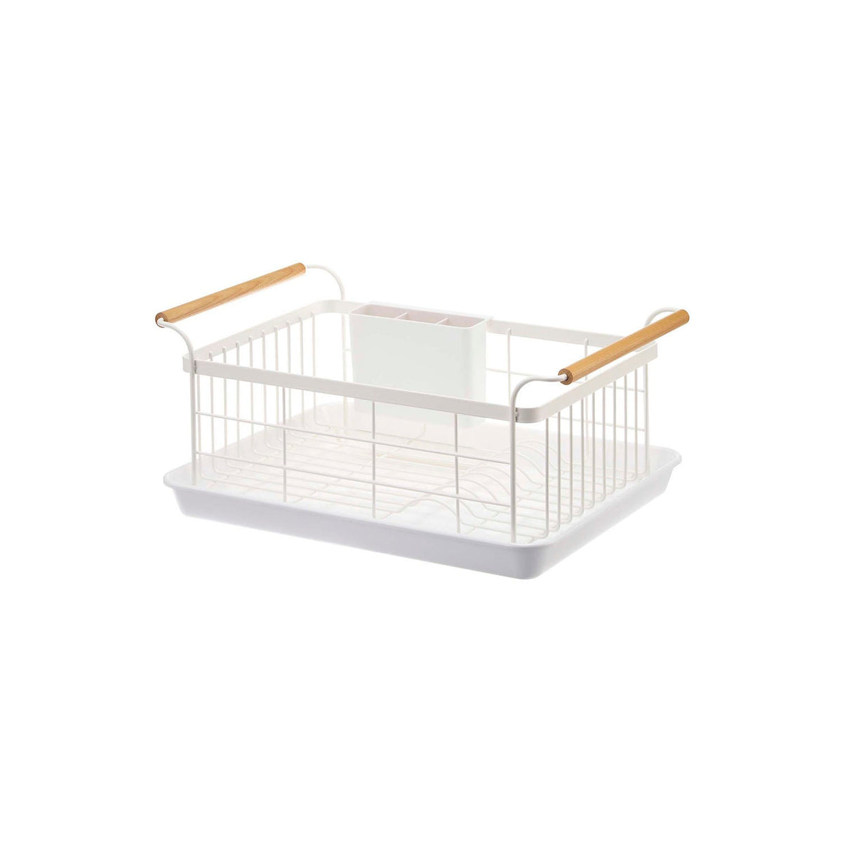 Yamazaki Tosca Dish Drying Basket, Large Drying Basket With Wood Accents That Stands Plates Up to 24 cm and a 38 cm Cutting Board Securely, Tray and Cutlery Pocket Included, Holds 10 kg, 47 x 33.5 x 20 cm and 1850 g, White