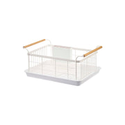 Yamazaki Tosca Dish Drying Basket, Large Drying Basket With Wood Accents That Stands Plates Up to 24 cm and a 38 cm Cutting Board Securely, Tray and Cutlery Pocket Included, Holds 10 kg, 47 x 33.5 x 20 cm and 1850 g, White