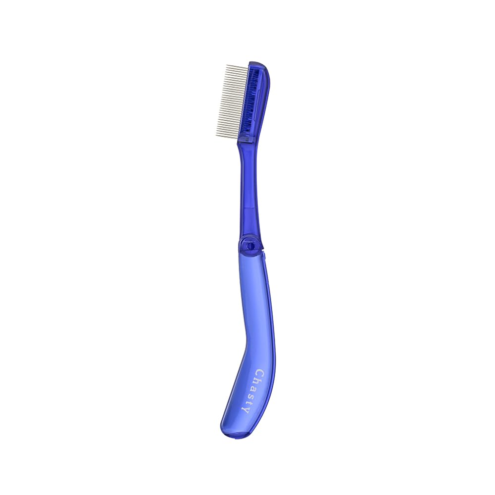Chasty Metallic Mascara Comb N, Folding Metal-Tooth Lash Comb in Navy Blue, Natural Type, Limited Colour, Made in Japan