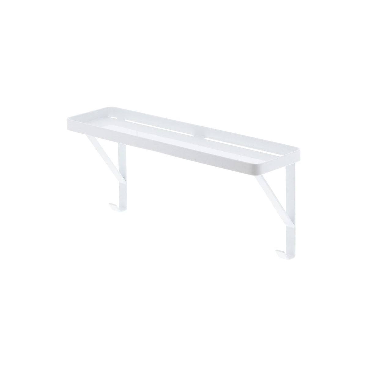 Yamazaki Tower Rack That Sits on a Towel Bar, Rack That Slips Onto a Towel Bar 30 cm or More Wide to Make a Shelf, Slitted Tray Drains Water, Five Hooks Hang Clothespins, Holds 2 kg, 33 x 9 x 15 cm and 550 g, White