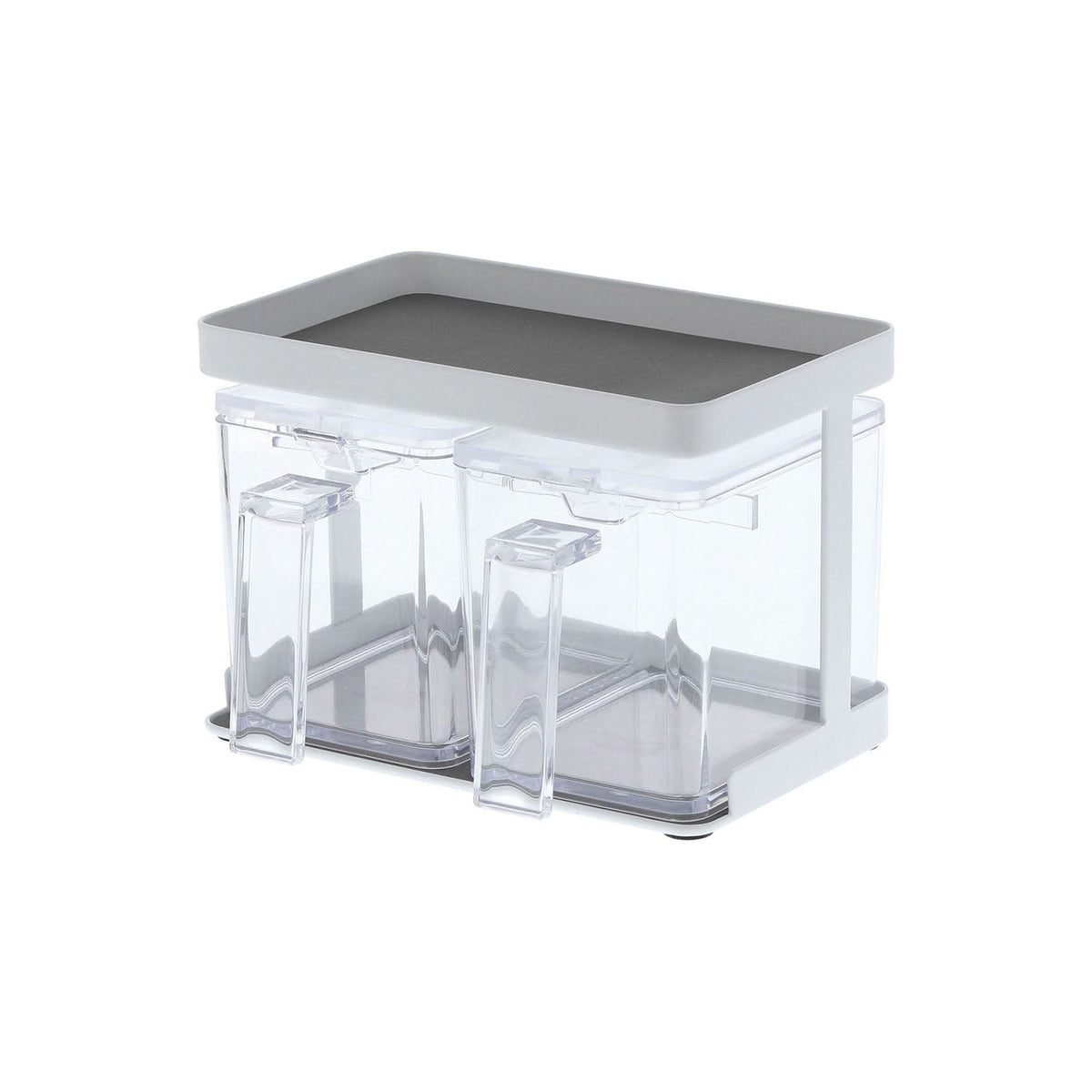 Yamazaki Tower Seasoning Stocker and Rack Set of 2, Set of 2 Seasoning Stockers With a Two-Tier Rack That Keeps Everyday Seasonings Within Reach, Guarded Upper Tier, Washable Mats, 650 mL Each, 18.5 x 11.5 x 13.5 cm and 1000 g, White