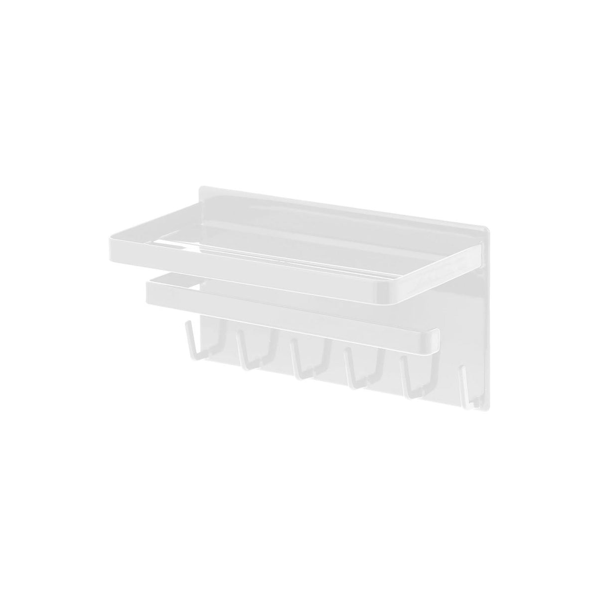 Yamazaki Tower Magnetic Bathroom Multi-Function Rack, Rack That Sticks to a Steel Bathroom Wall by Magnet With a Slitted Tray for Bottles, a Bar for a Body Towel and Hooks for Cleaning Tools, Holds 3.5 kg, 22 x 11 x 12 cm and 780 g, White