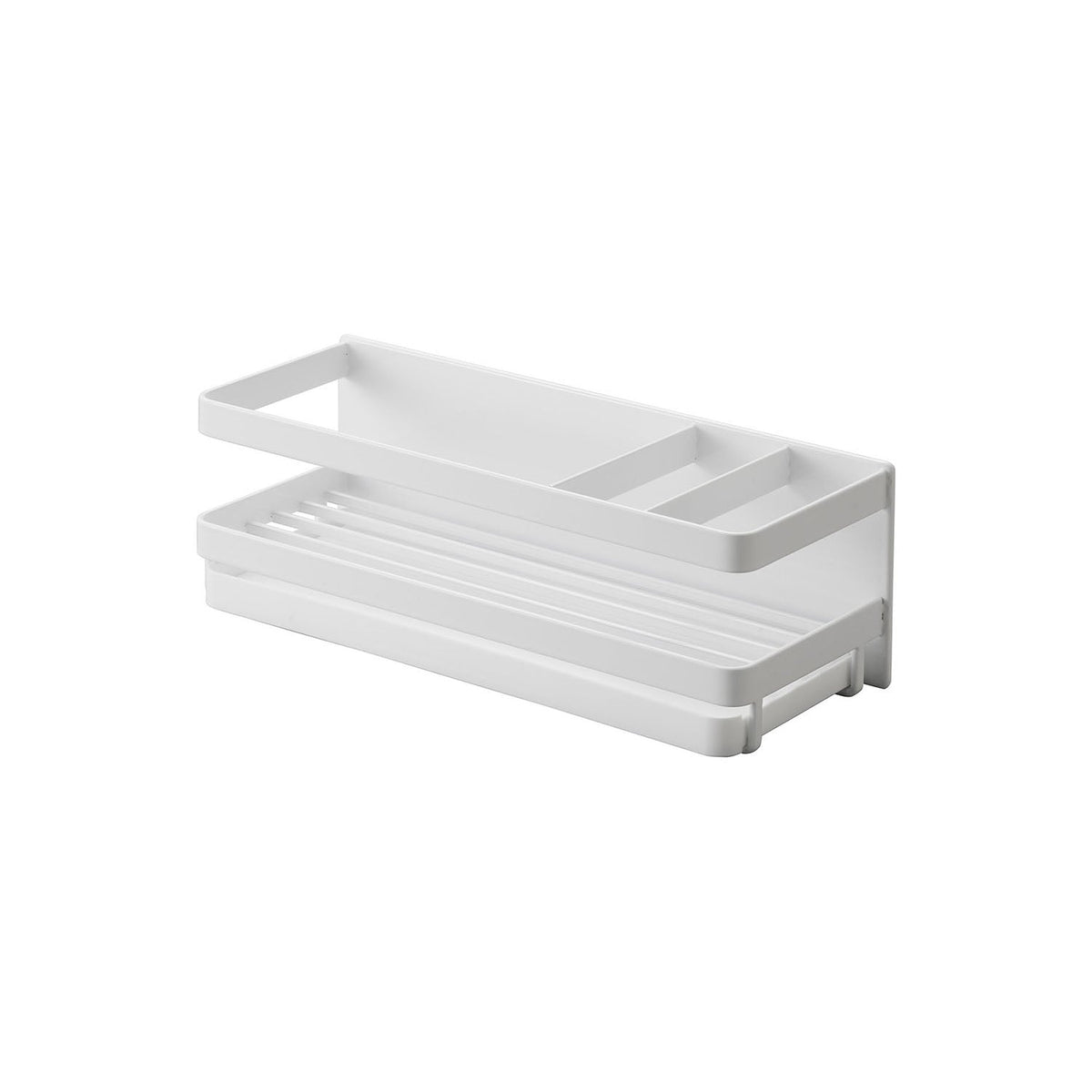 Yamazaki Tower Magnetic Sponge and Dispenser Rack with Tray, Rack With a Slide-Out Drip Tray That Sticks to a Steel Wall by Magnet and Holds a Dispenser and Two Sponges, Four Hooks Included, 1.5 kg, 25.5 x 9.5 x 9 cm and 900 g, White or Black