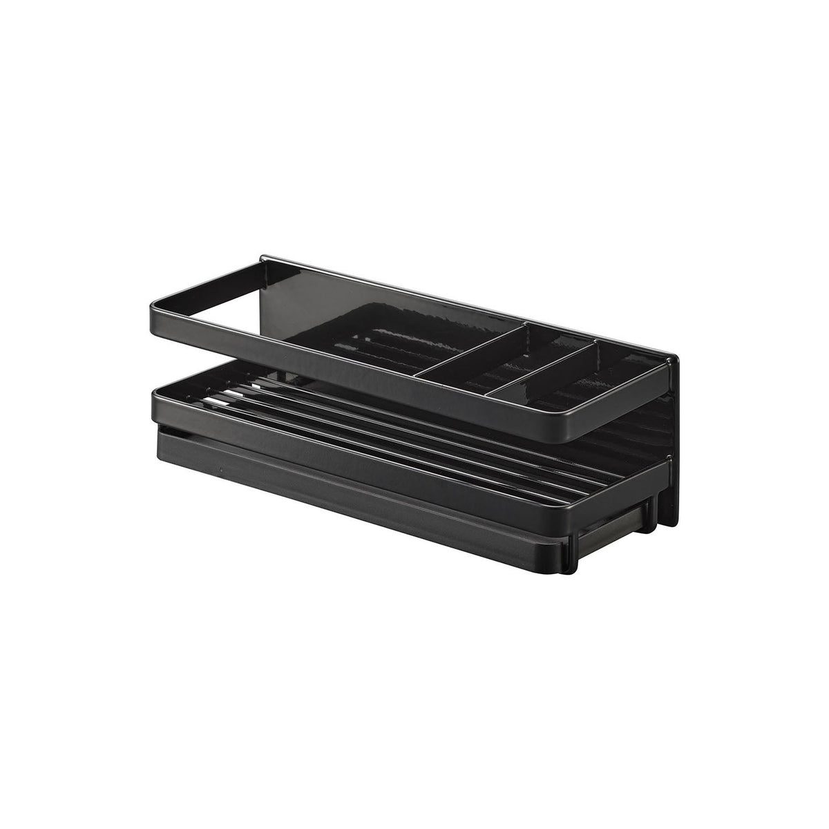 Yamazaki Tower Magnetic Sponge and Dispenser Rack with Tray, Rack With a Slide-Out Drip Tray That Sticks to a Steel Wall by Magnet and Holds a Dispenser and Two Sponges, Four Hooks Included, 1.5 kg, 25.5 x 9.5 x 9 cm and 900 g, White or Black