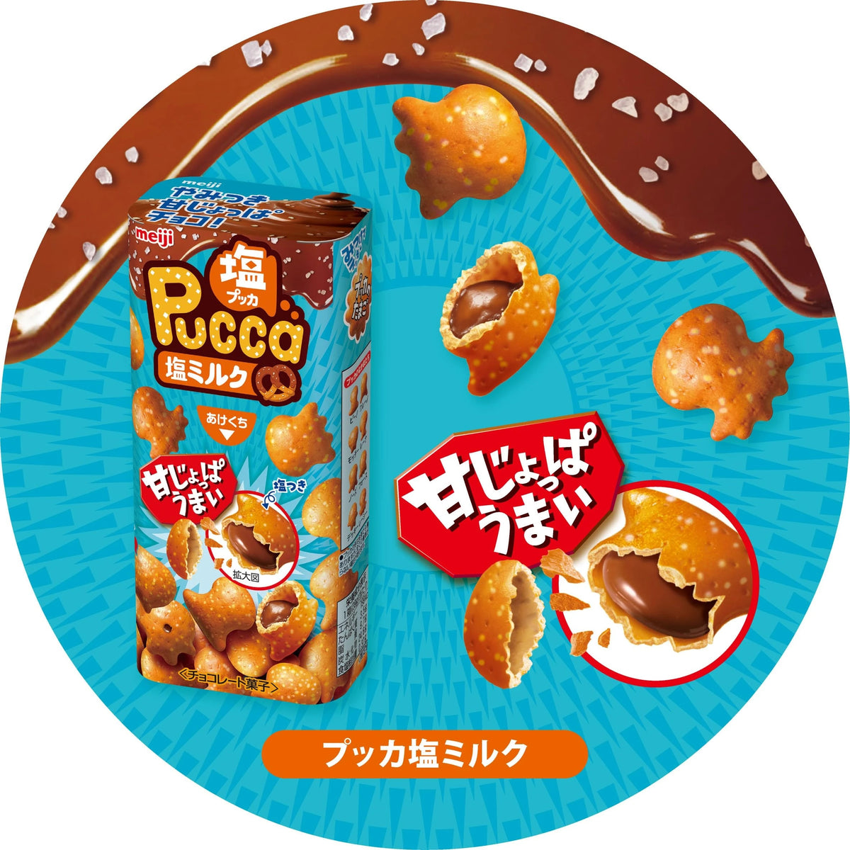 MEIJI Pucca Salty Milk Chocolate-Filled Pretzel Snack, Fish-Shaped Pretzels, 39 g x 10 Boxes