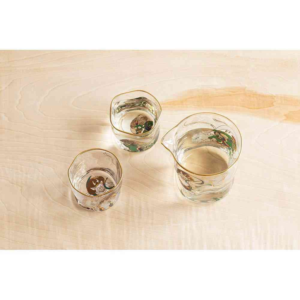 ADERIA Nippon Taste Fujin Raijin Glass Sake Set In A Wooden Box
