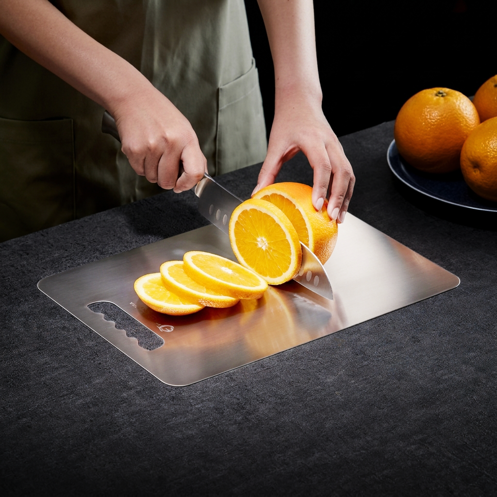 GraSUS Titanium Cutting Board M, Medium Japan-Made Pure Titanium Cutting Board Only 1 mm Thick That Hangs Up, Does Not Hold Odors and Dries Fast, Not Dishwasher Safe, 25.4 x 35.6 x 0.1 cm and 405 g, Titanium