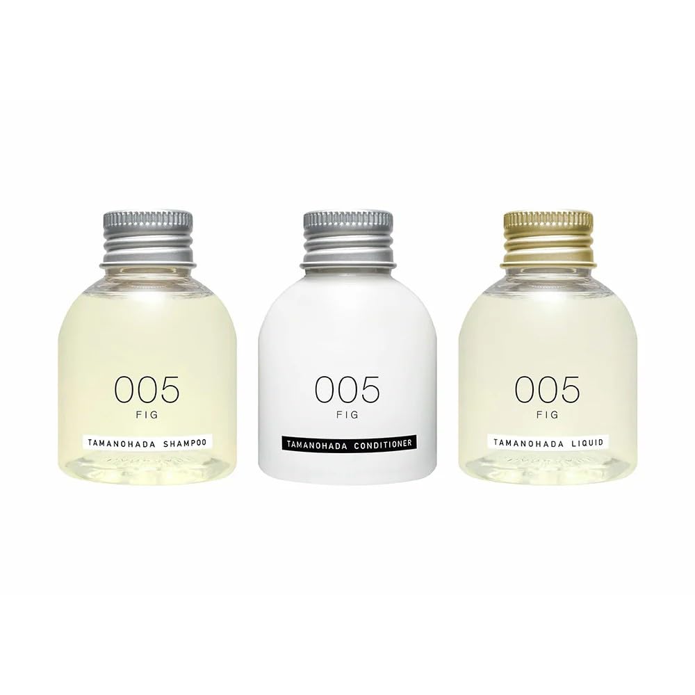 Amenities Travel Set 005 Fig, Shampoo, Conditioner and Body and Hand Liquid Soap in Three 80 mL Bottles with Aluminium Caps, Fig Fragrance, Made in Japan