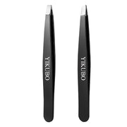 YIKUBO Precision Tweezers Set of 2, Black Stainless Steel Eyebrow and Facial Hair Tweezers with Non-Slip Coating